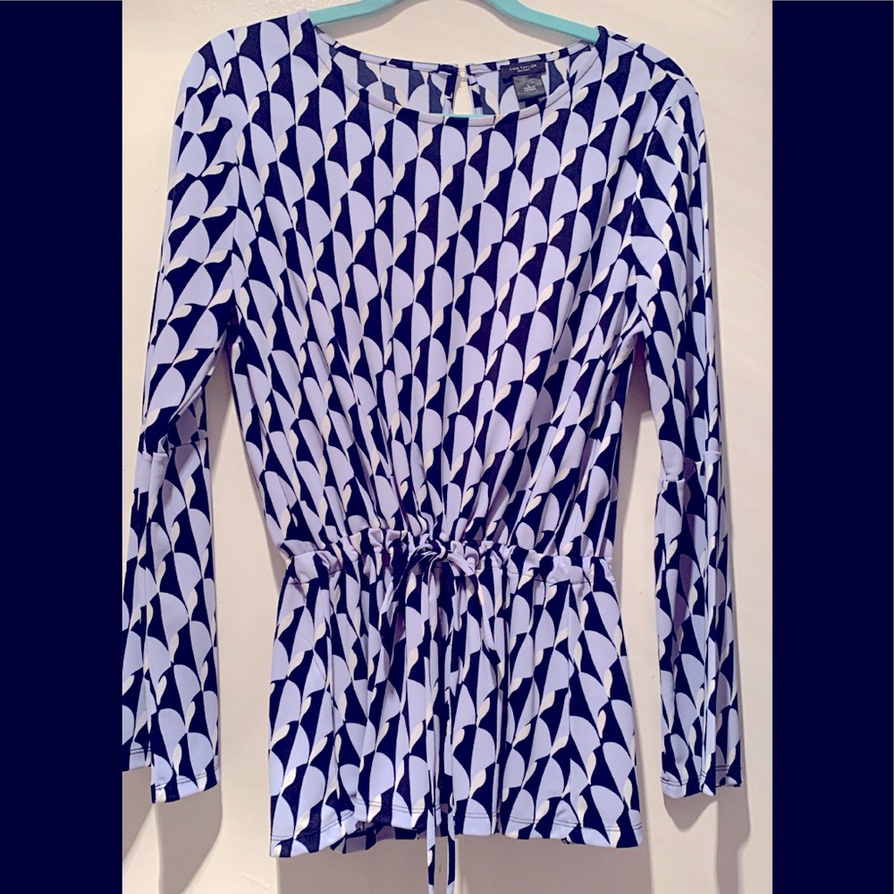 Ann Taylor Drawstring Blouse -Geometric Print - Blue